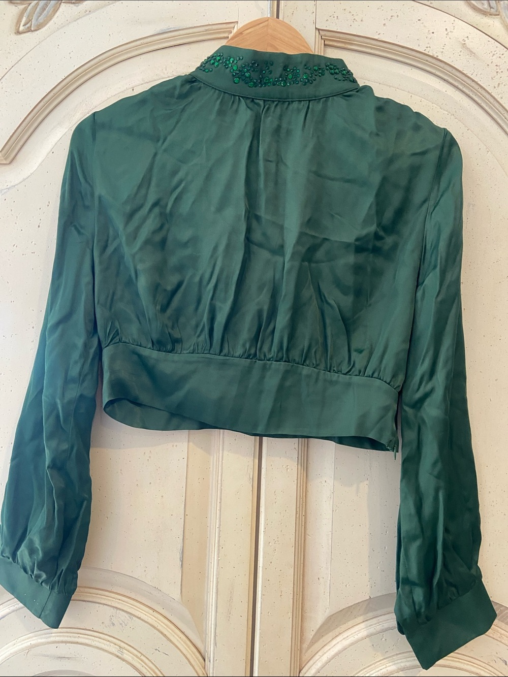 Zara Emerald Green Long Sleeve Cropped Blouse with Beaded Collar